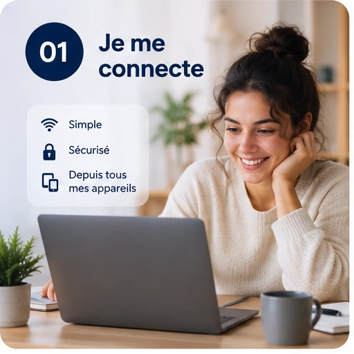 Une étudiante rejoint le cours depuis son ordinateur : une connexion simple, sécurisée et accessible depuis ses appareils.