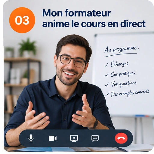 Un formateur avec écouteurs anime le cours : échanges, cas pratiques, questions et exemples concrets.