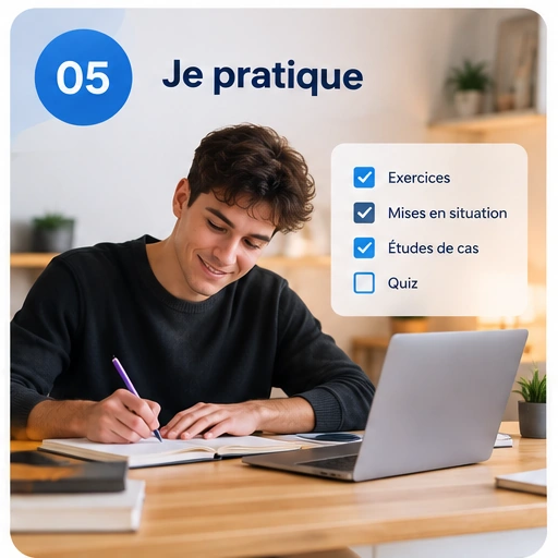 Un étudiant travaille sur des exercices, des mises en situation, des études de cas et des quiz.