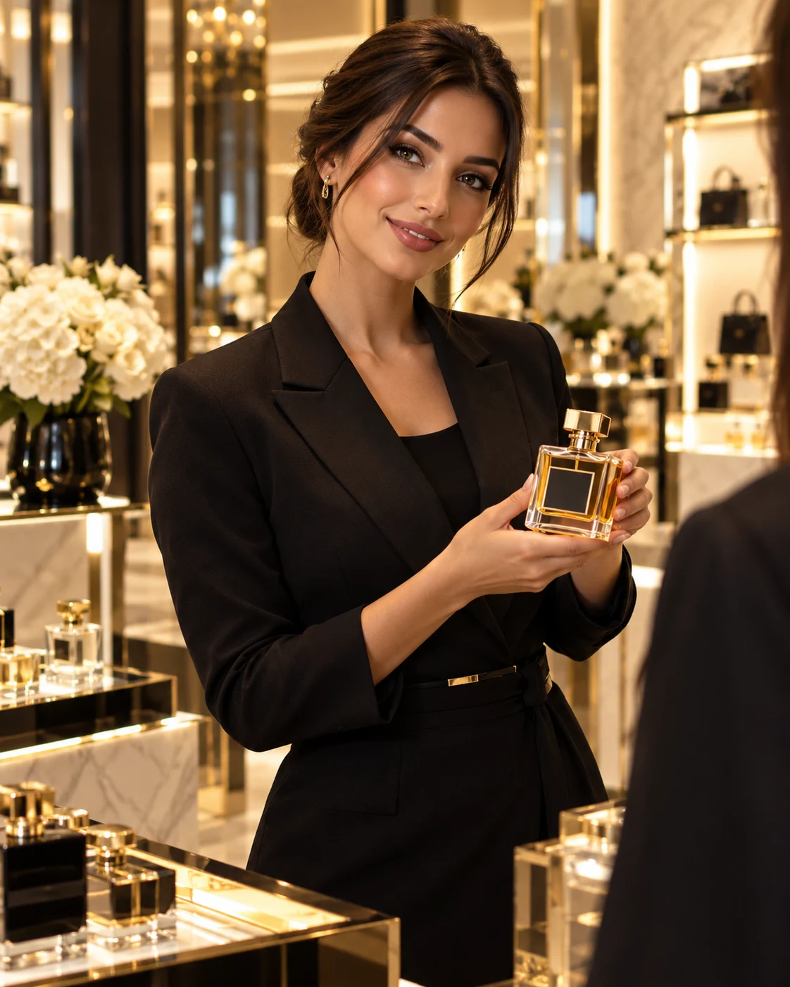 Conseillère de vente présentant un parfum dans une boutique de luxe