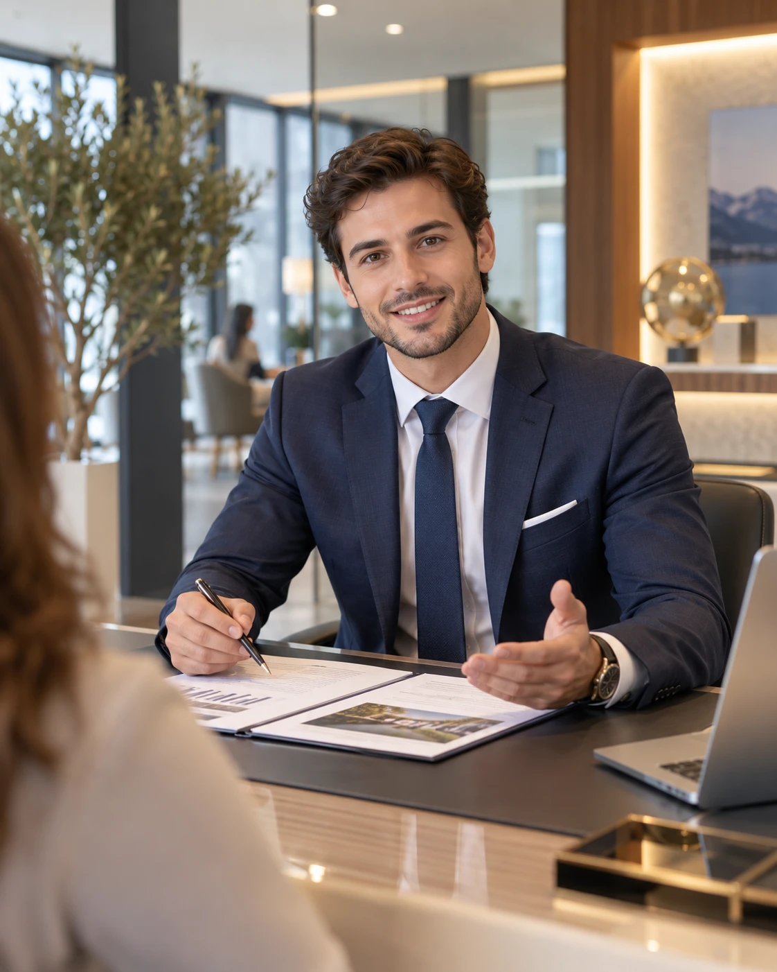 Conseiller financier accueillant un client dans son bureau